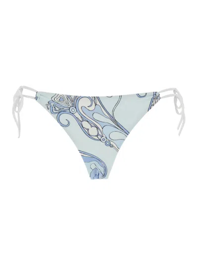Pucci Low-rise Bikini Bottom With Adjustable Tie Closure And All-over Floral Print In Blue