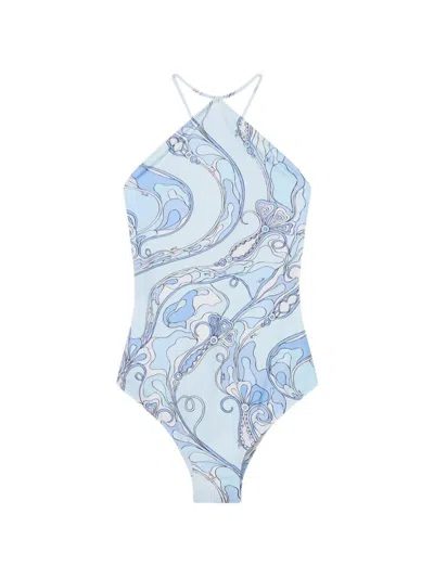 Pucci Printed Halterneck Swimsuit In Blue