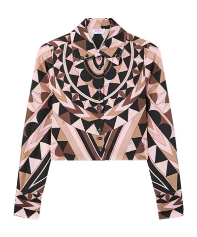 Pucci Manuba Print Silk Crop Shirt In Brown