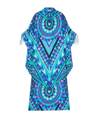Pucci Manuba Print Silk Kaftan With Draped Sleeves In Blue