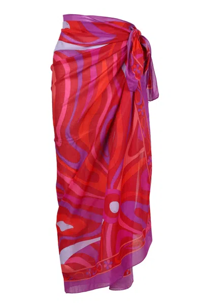Pucci Marble Print Cotton Pareo Corallo/fuxia In Red