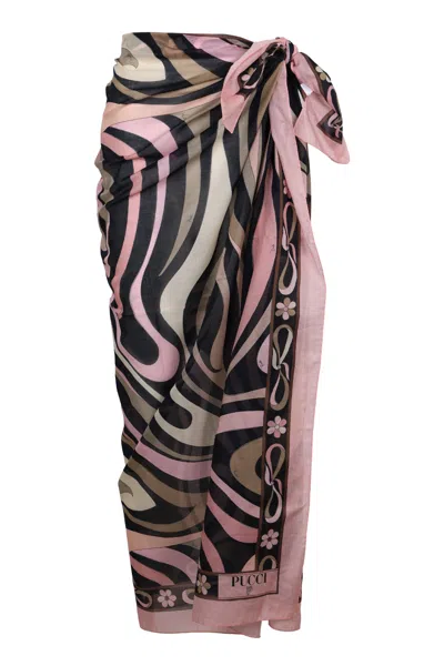 Pucci Marble Print Cotton Pareo Nero In Pink