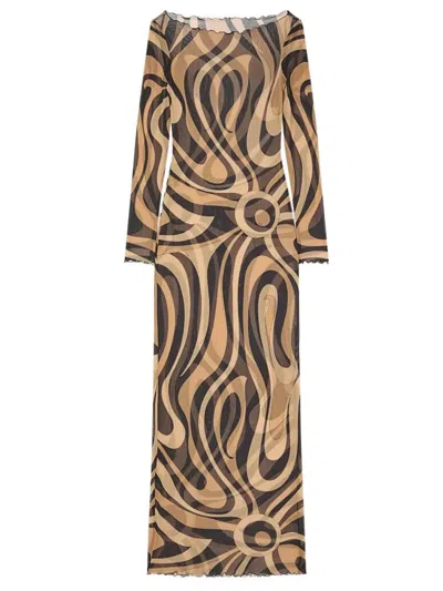 Pucci Long Dress With Geometric Pattern In Brown