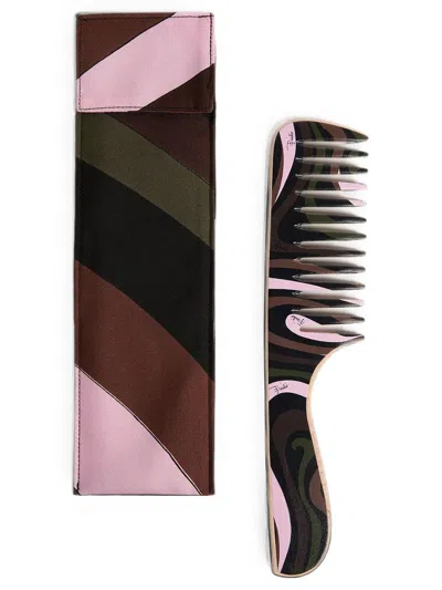 Pucci Marble-print Comb With Silk Pouch In Brown