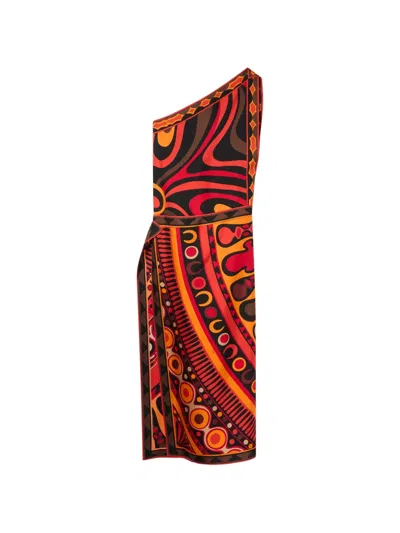 Pucci Marmo And Soleil Prints Asymmetrical Silk Dress In Multi