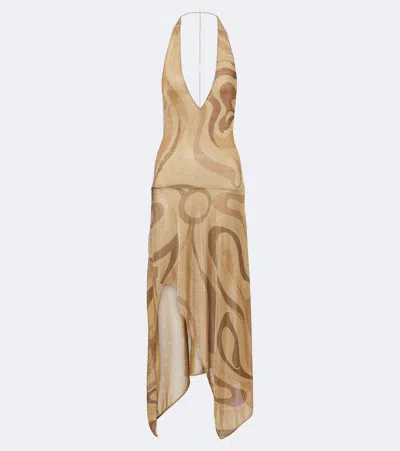 Pucci Marmo Asymmetric Lurex® Voile Midi Dress In Gold