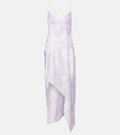 Pucci Marmo Asymmetric Silk Twill Maxi Dress In Purple