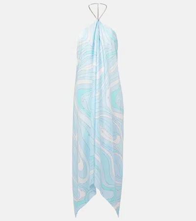 Pucci Marmo Asymmetric Silk Twill Midi Dress In Blue