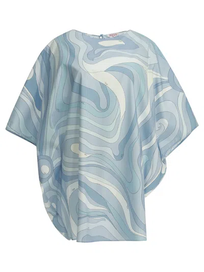 Pucci Marmo Short Caftan Dress Abstract Pattern In Blue