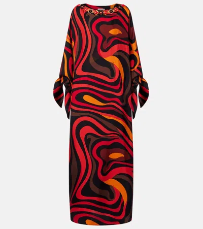 Pucci Marmo Embellished Silk Twill Kaftan In Red