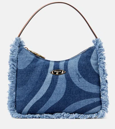 Pucci Marmo Fringed Denim Shoulder Bag In Blue
