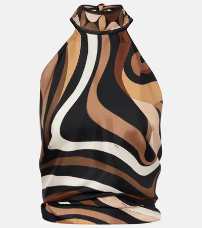 Pucci Marmo Halterneck Silk Satin Top In Brown