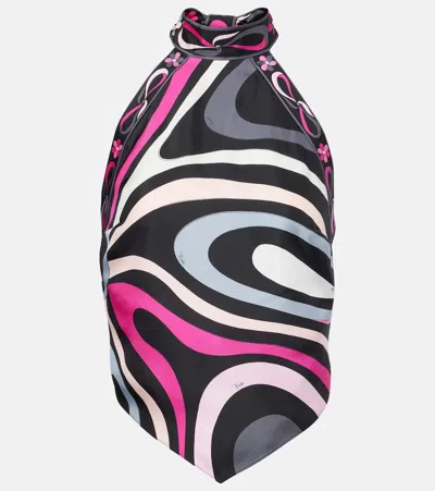 Pucci Marble Print Silk Halter Neck Top In Black