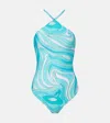 Pucci Marmo Halterneck Swimsuit In Blue
