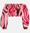 Pucci Printed Off-shoulder Cotton Shirt In Rosa/marrone