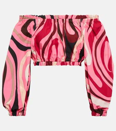 Pucci Printed Off-shoulder Cotton Shirt In Pink