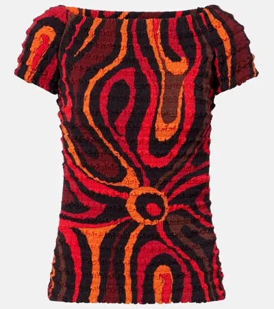 Pucci Marmo Off-shoulder Smocked Crop Top In Multi