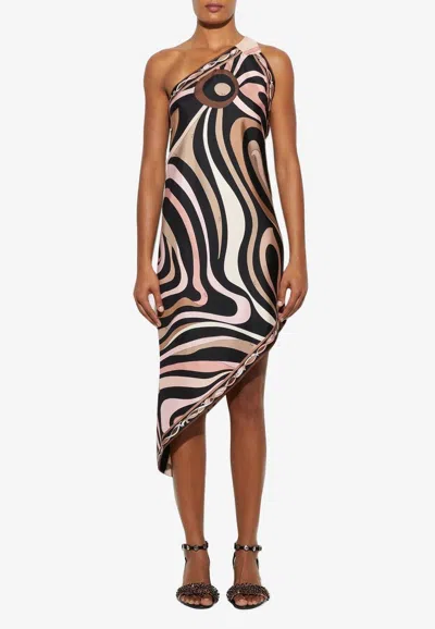 Pucci Marmo Print Asymmetric Silk Dress In Black/nude