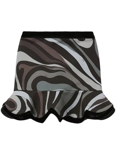 Pucci Marmo-print Crepe Peplum Mini Skirt In Black