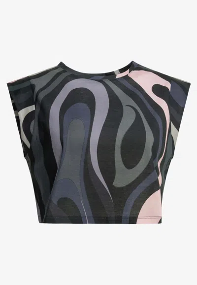 Pucci Marble-print Cropped T-shirt Clothing In Blue