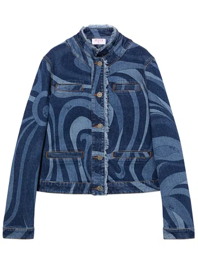 Pucci Marmo-print Denim Jacket In Blue
