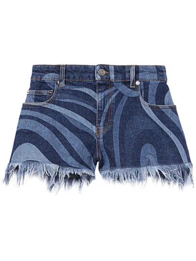Pucci Marmo-print Denim Shorts In Blue