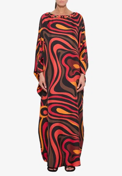 Pucci Marmo Print Embroidered Silk Maxi Kaftan Dress In Red