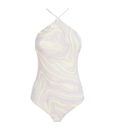 Pucci Marmo Print Halterneck Swimsuit In Purple