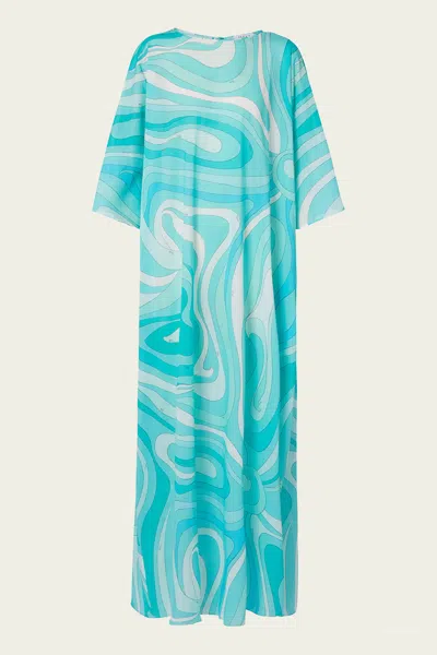 Pucci Marmo-print Long Cotton Kaftan In Turquoise In Blue