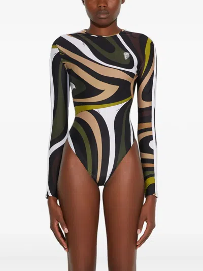 Pucci Marmo-print Long-sleeve Swimsuit In Black