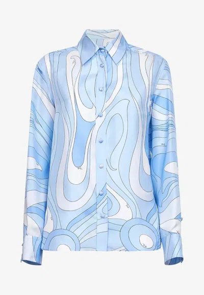 Pucci Marmo Print Long-sleeved Silk Shirt In Blue