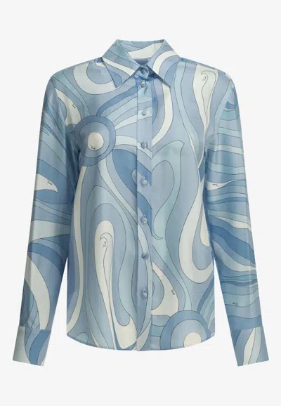 Pucci Marmo Print Long-sleeved Silk Shirt In Blue