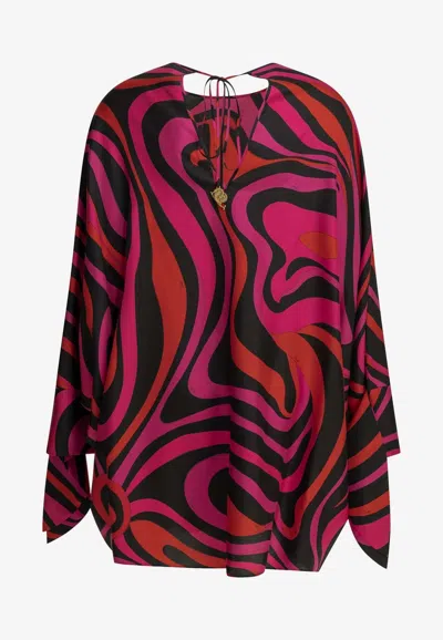 Pucci Marmo Print Mini Silk Kaftan Dress In Purple