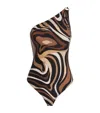 Pucci Marmo Print One-shoulder Swimsuit In Brown