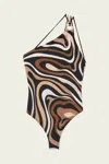 Pucci Marmo-print One-shoulder Swimsuit In Black Gold In Brown