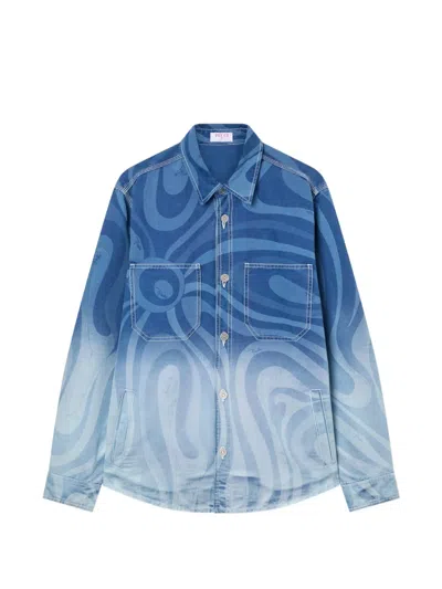 Pucci Marmo Print Oversized Denim Jacket In Blue