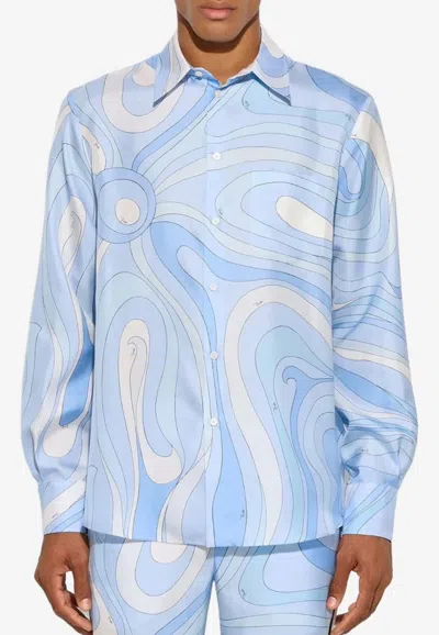 Pucci Marmo Print Oversized Silk Shirt In Blue