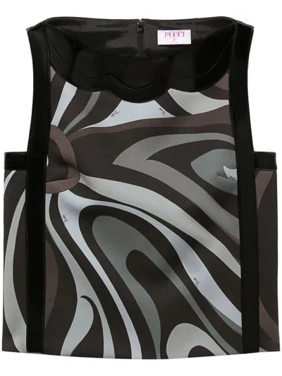 Pucci Marmo-print Patent-trim Crepe Top In Black