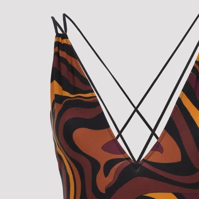 Pucci Marmo Print Plunge One-piece Swimsuit With Crossover Back Straps In Brown