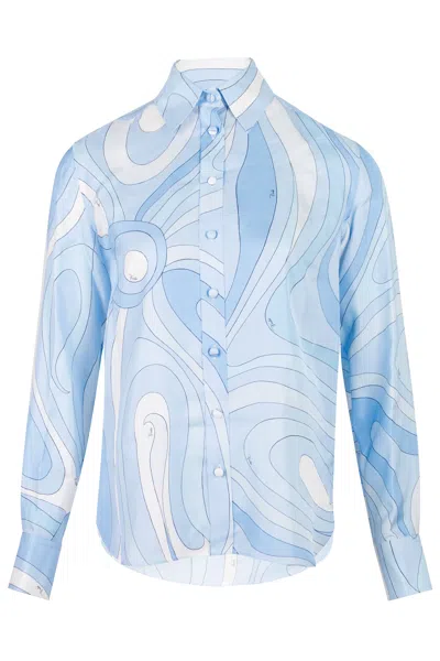 Pucci Marmo Print Silk Shirt Pale Blue