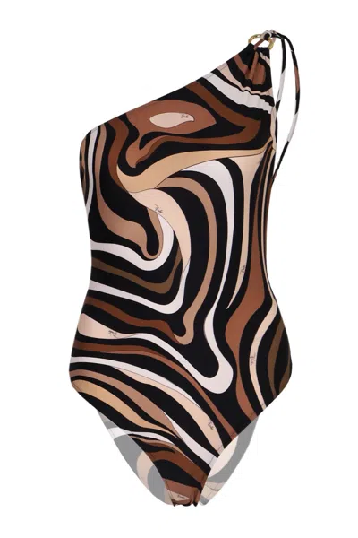 Pucci Marmo Print Swimsuit Black/gold In Brown