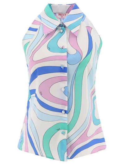 Pucci Marmo-print Top In Celeste Bianco