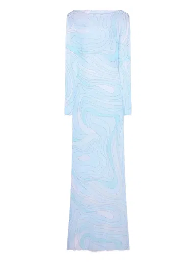Pucci Marmo-print Tulle Maxi Dress In Blue