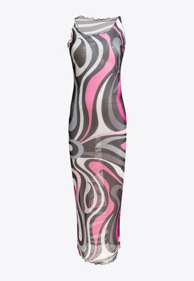 Pucci Marmo Print Tulle Maxi Dress In Pink