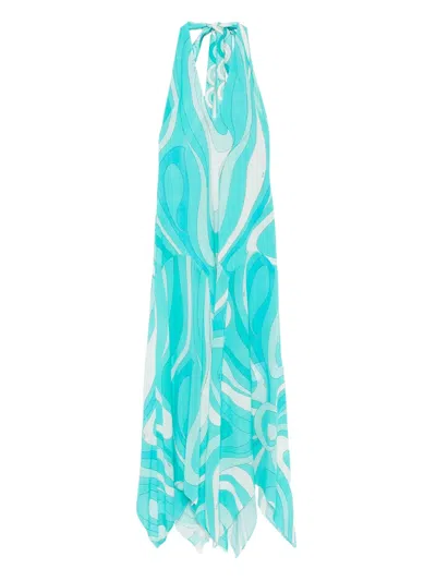 Pucci Marmo-print V-neck Asymmetric Dress In Blue
