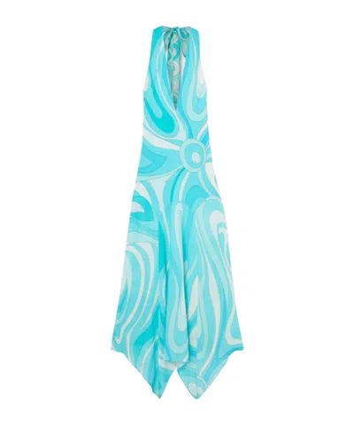 Pucci Marmo-print V-neck Asymmetric Dress In Blue