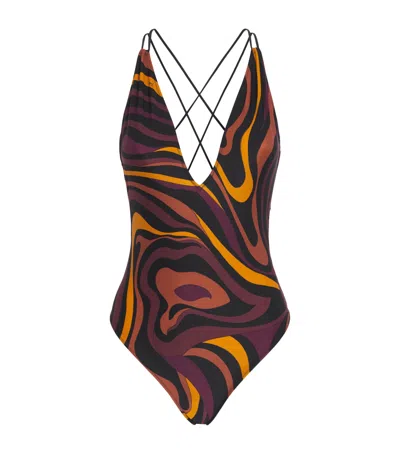 Pucci Marmo Print V-neck Swimsuit In Multi
