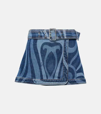 Pucci Marmo-printed Denim Wrap Miniskirt In Blue