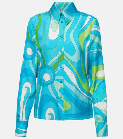 Pucci Marmo Printed Silk Shirt In Azure