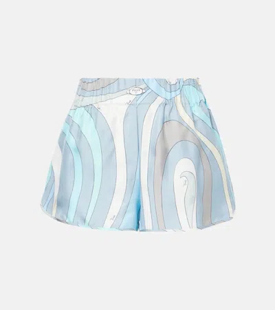 Pucci Marmo Printed Silk Twill Shorts In Blau